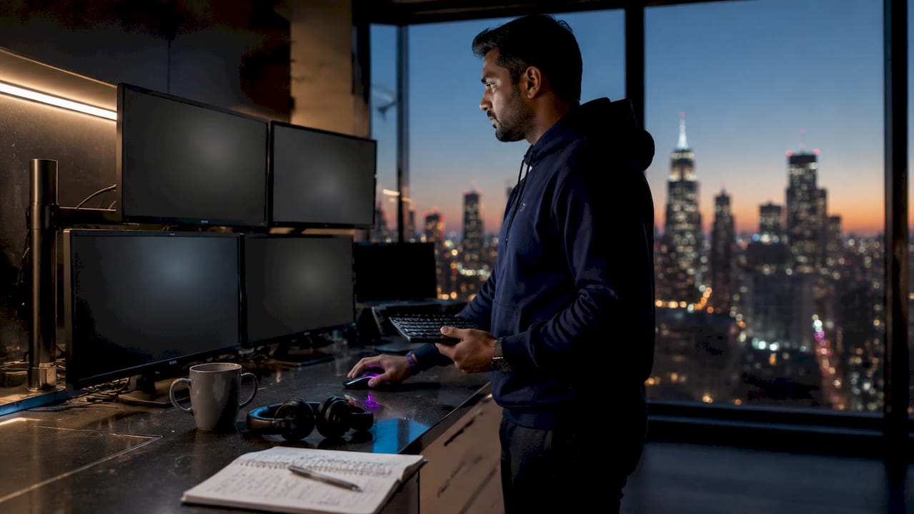Trader using multi-monitor digital asset trading desk