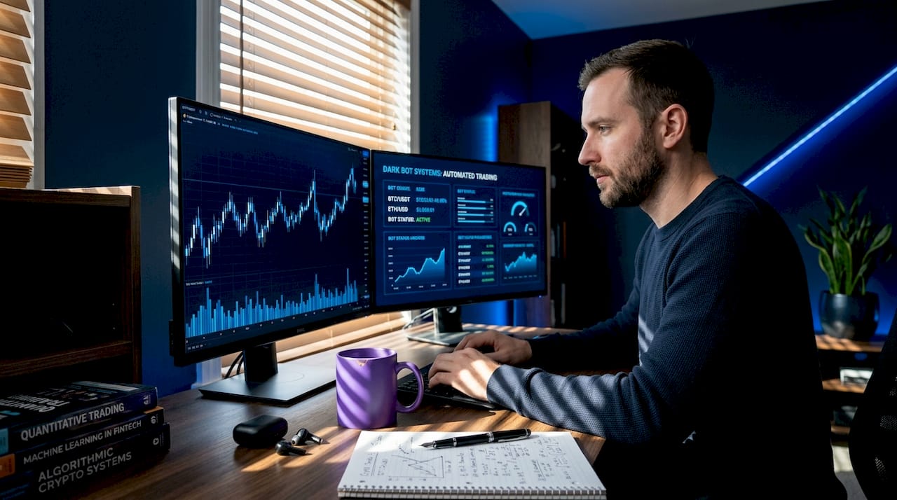Crypto trader working at morning home desk