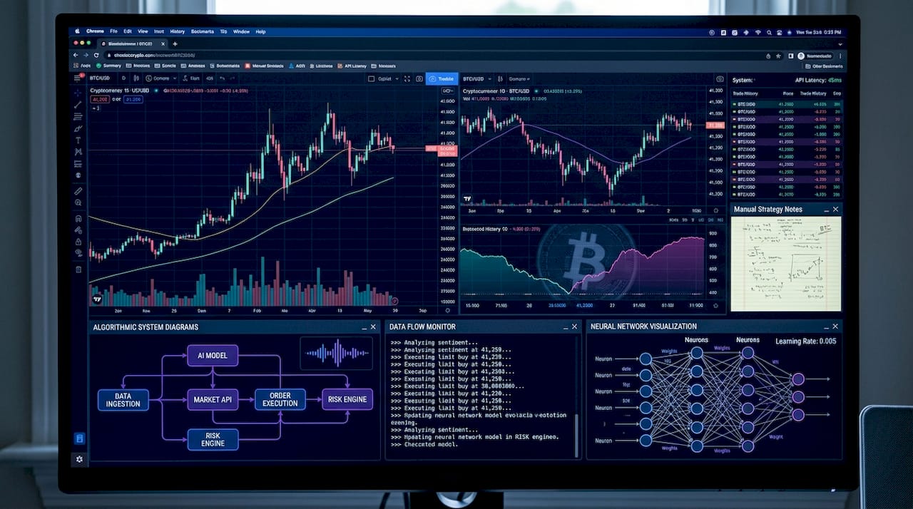 Trader analyzes crypto graphs at cluttered desk