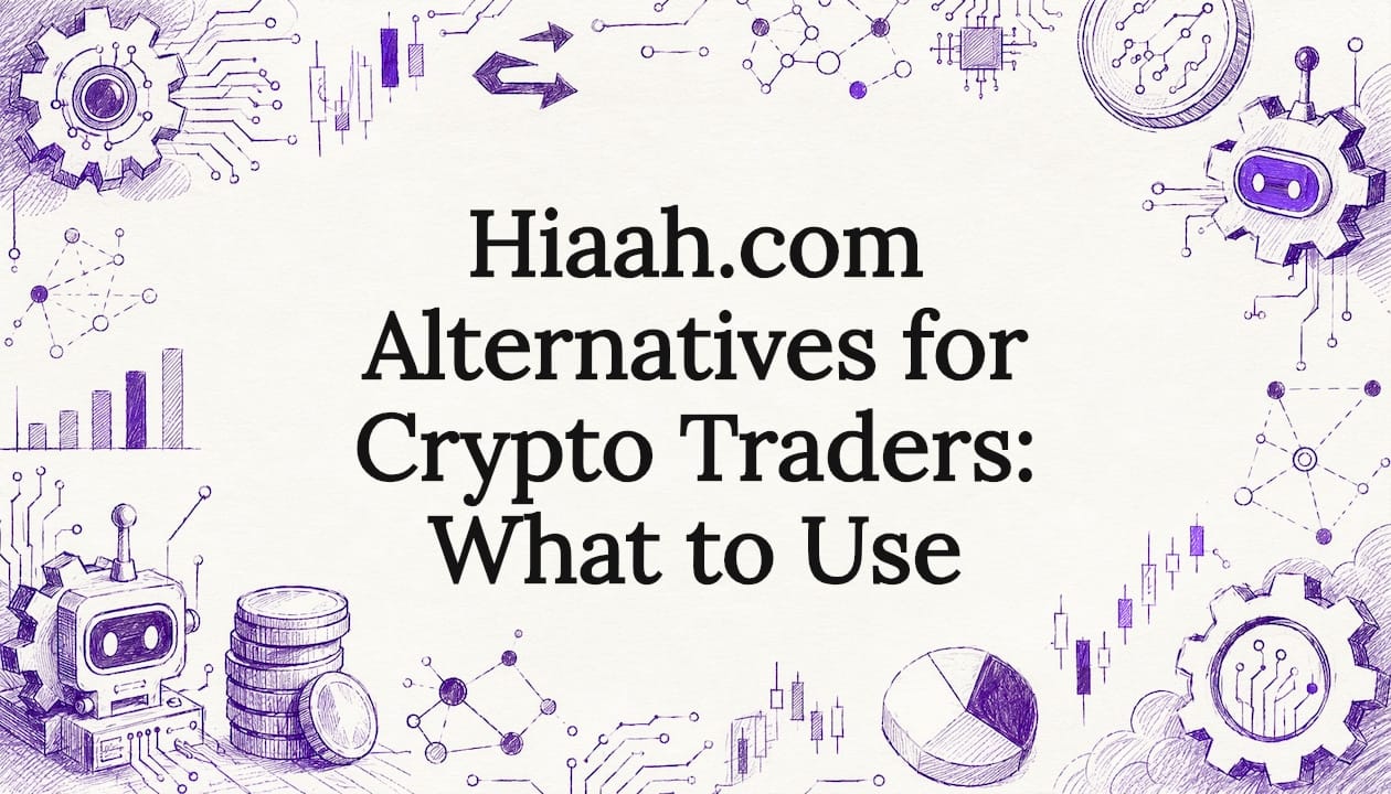 Decorative title card illustration with crypto trading icons