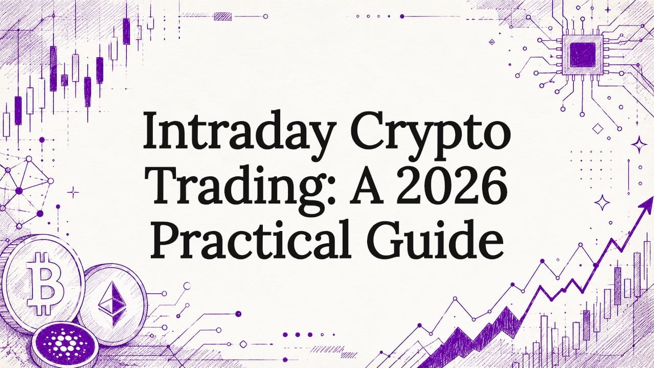 Decorative title card illustration with crypto trading motifs