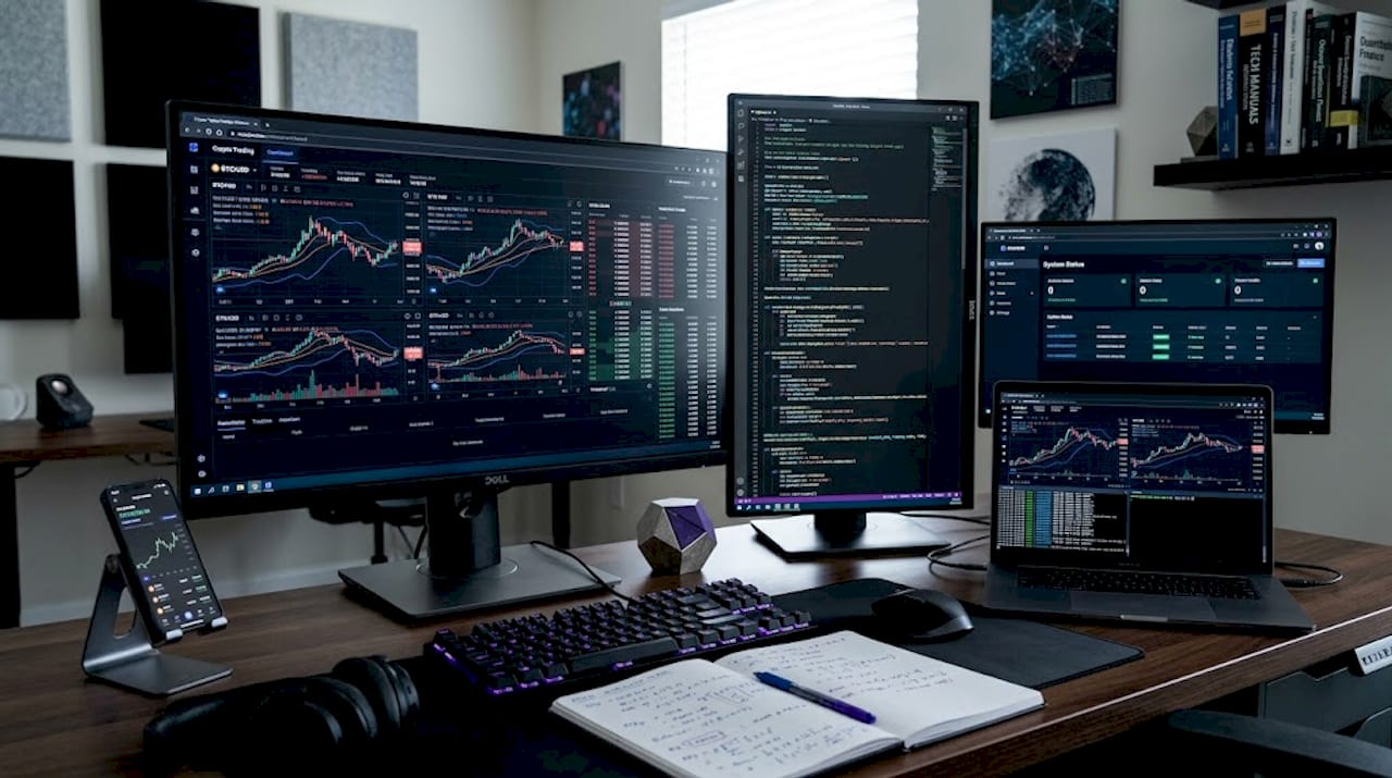 Crypto trader studying charts at home desk