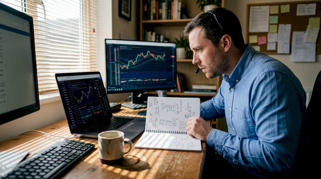 Trader at home desk with forex screens