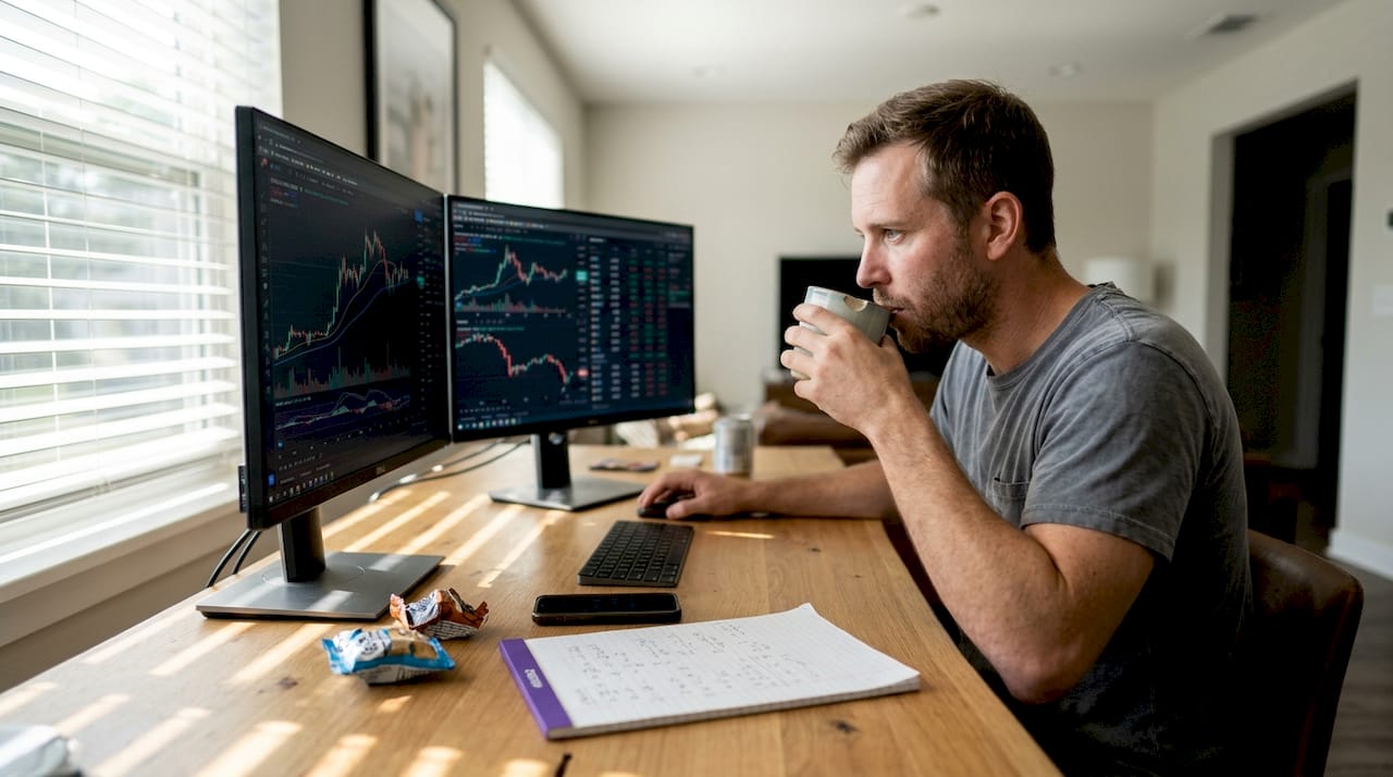 Man researching machine learning stocks in home office