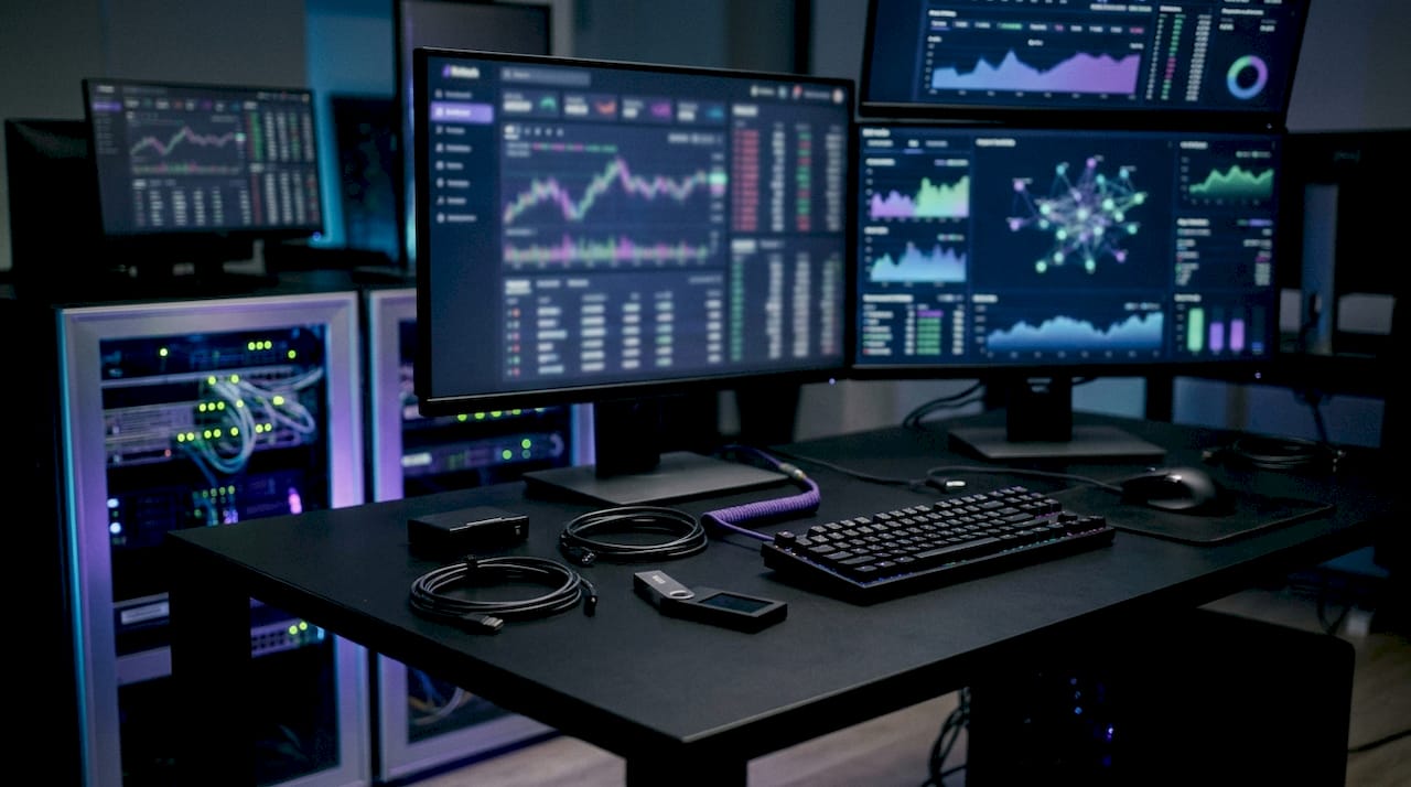 AI crypto portfolio dashboard close-up on desk