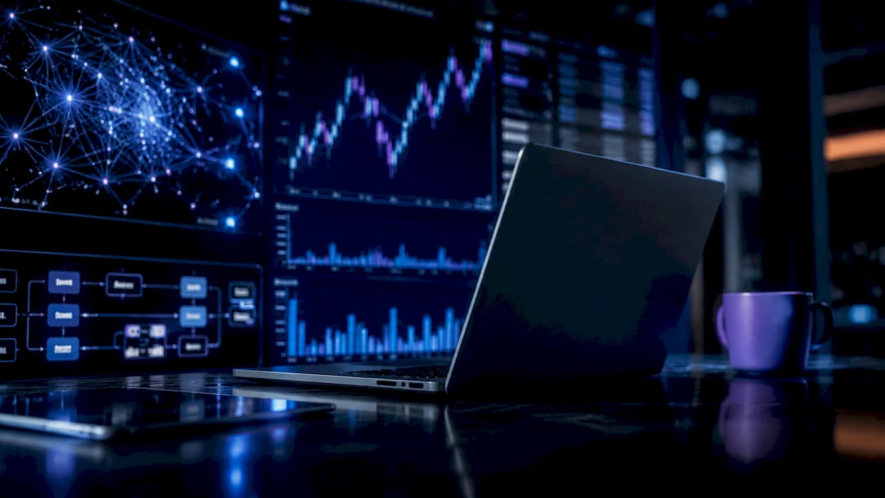 Woman at trading desk with multiple monitors