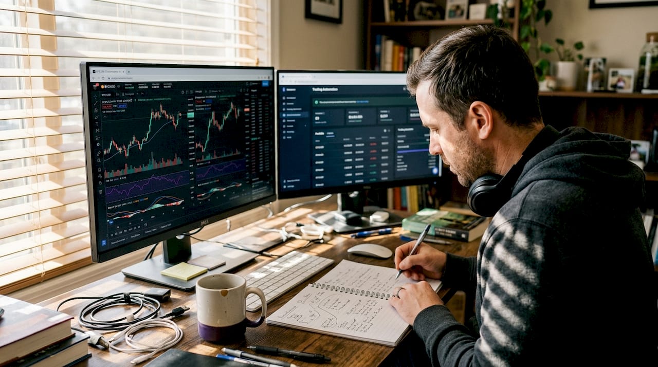 Crypto trader reviewing automated trading setup